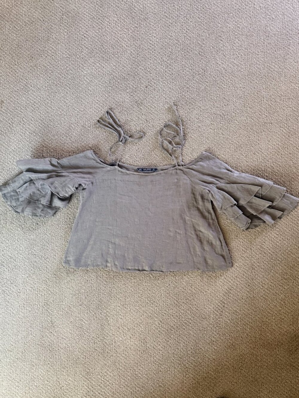 ZARA Basic Collection Off Shoulder Crop Top Small Olive Green Ruffle Sleeve